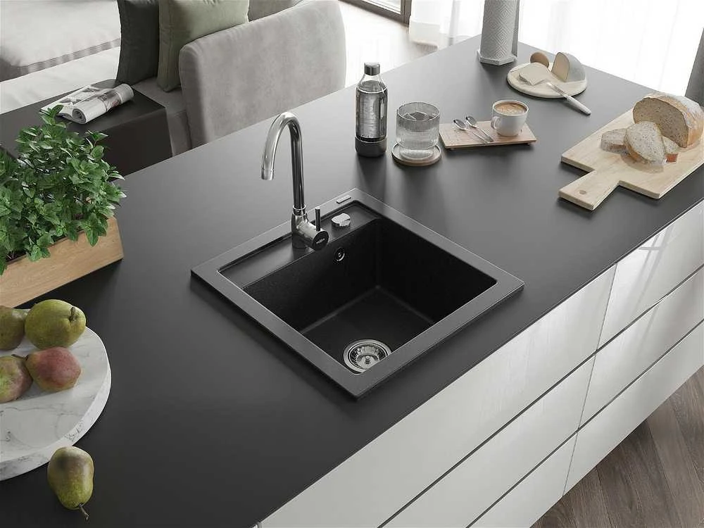 Granitinė virtuvinė plautuvė Mexen Vito su sifonu, Metallic juodas/sidabrinis