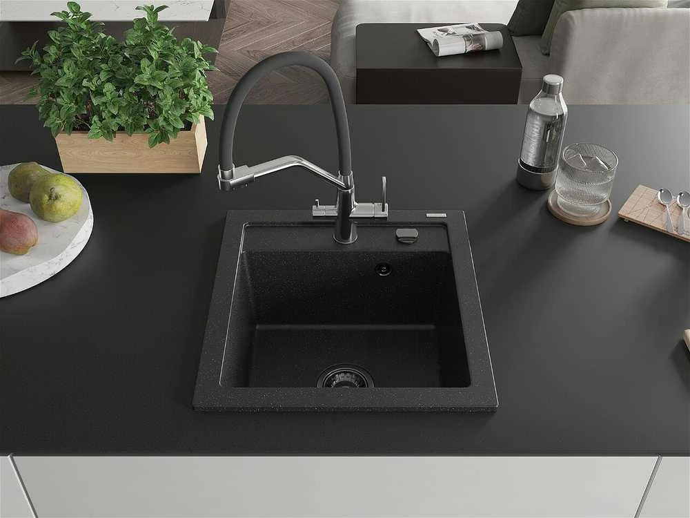 Granitinė virtuvinė plautuvė Mexen Vito su maišytuvu ir sifonu, Metallic juodas/sidabrinis+Juodas/Chrome