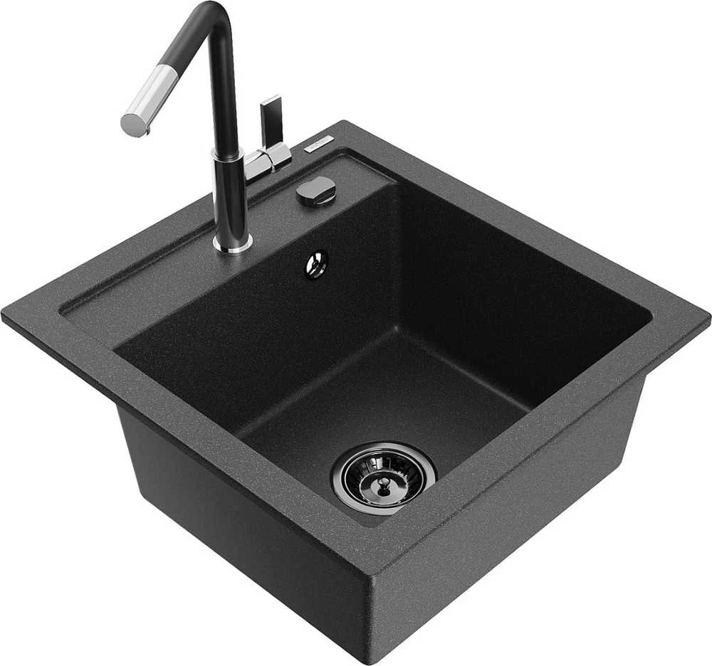 Granitinė virtuvinė plautuvė Mexen Vito su maišytuvu ir sifonu, Juodas granite+Juodas/Chrome