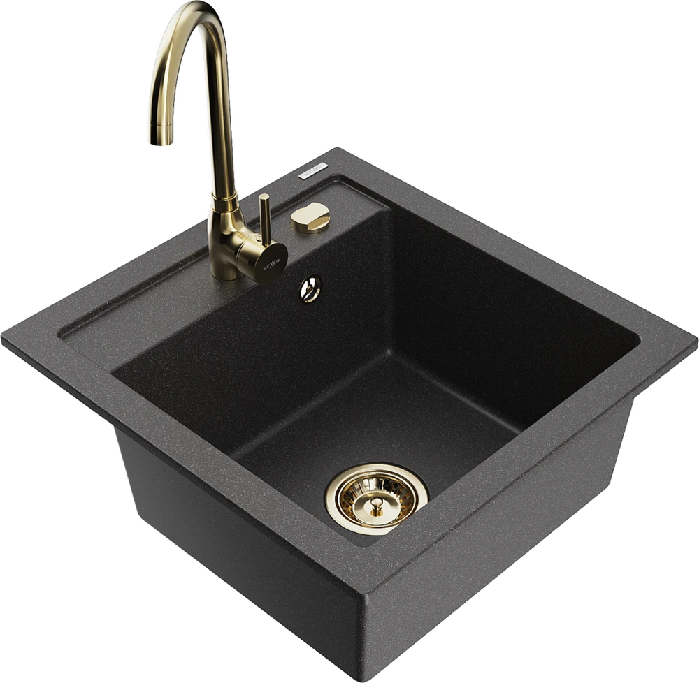 Granitinė virtuvinė plautuvė Mexen Vito su maišytuvu ir sifonu, Juodas granite+Gold