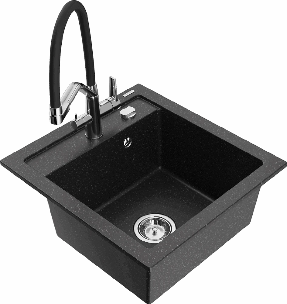 Granitinė virtuvinė plautuvė Mexen Vito su maišytuvu ir sifonu, Metallic juodas/sidabrinis+Juodas/Chrome