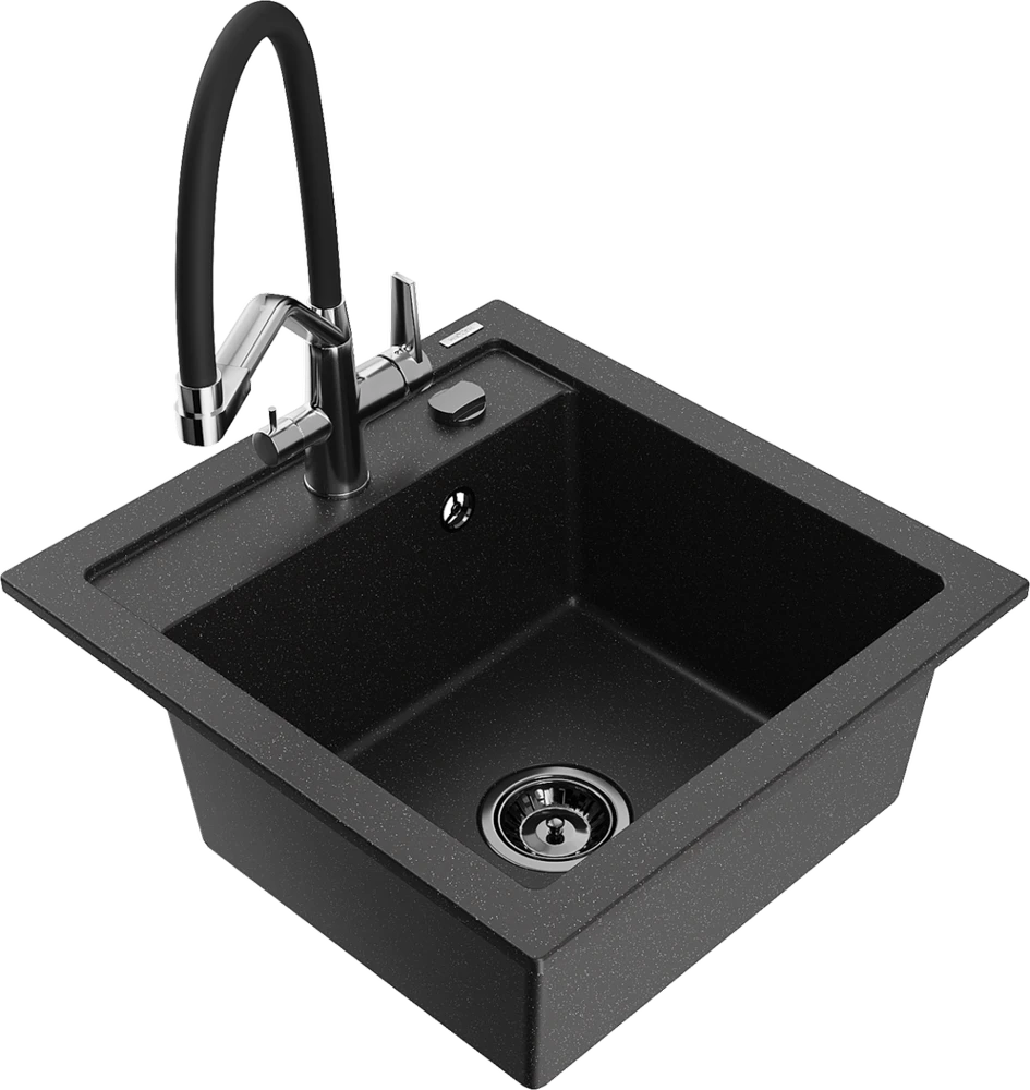 Granitinė virtuvinė plautuvė Mexen Vito su maišytuvu ir sifonu, Metallic juodas/sidabrinis+Juodas/Chrome
