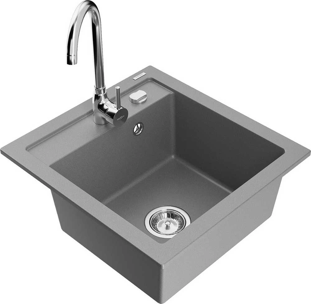 Granitinė virtuvinė plautuvė Mexen Vito su maišytuvu ir sifonu, Pilkas+Chrome