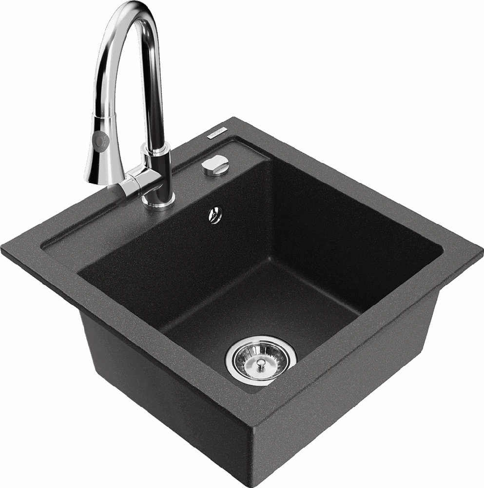 Granitinė virtuvinė plautuvė Mexen Vito su maišytuvu ir sifonu, Juodas granite+Chrome