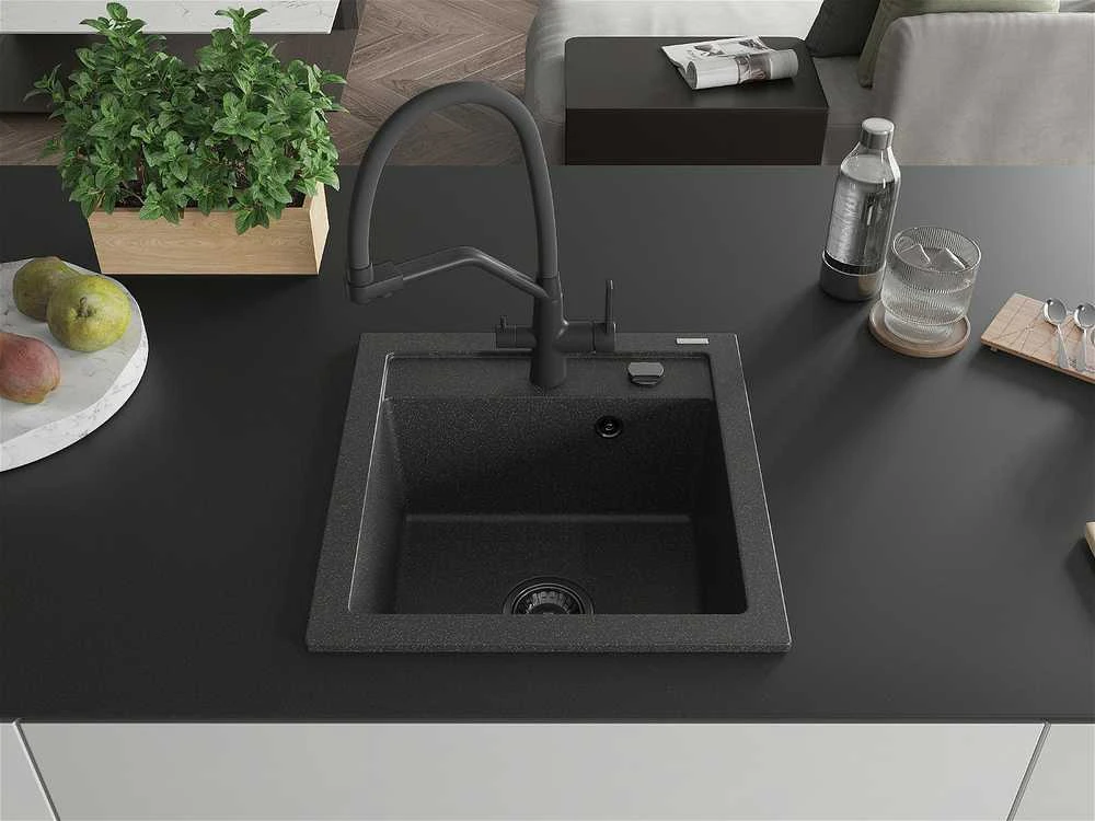 Granitinė virtuvinė plautuvė Mexen Vito su maišytuvu ir sifonu, Juodas granite+Juodas