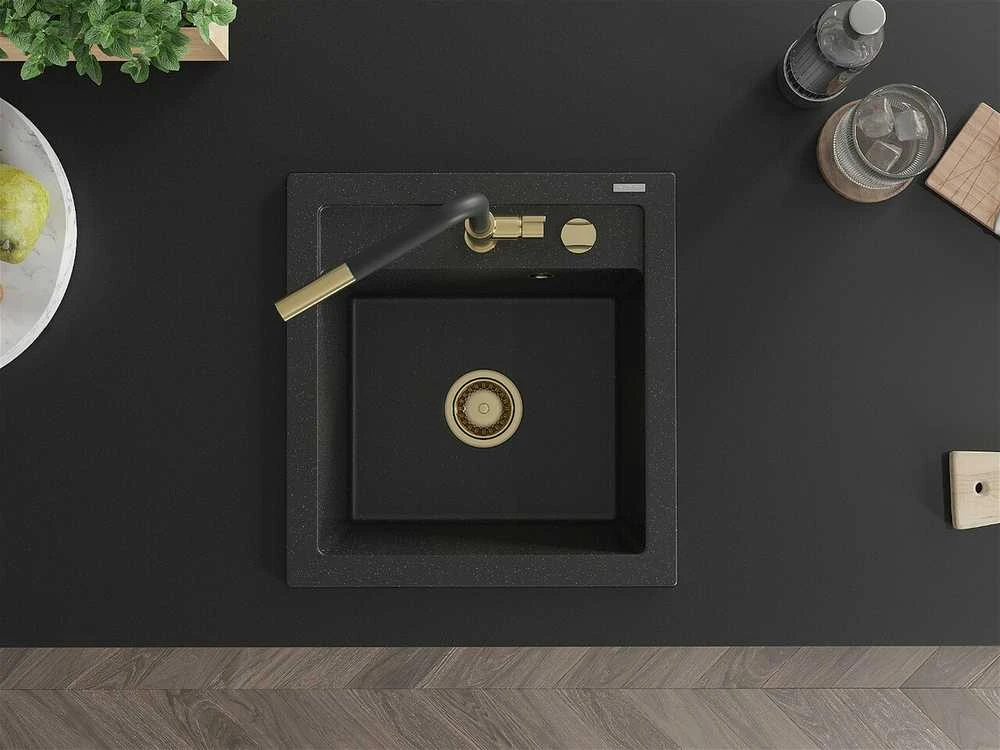 Granitinė virtuvinė plautuvė Mexen Vito su maišytuvu ir sifonu, Metallic juodas/sidabrinis+Juodas/Gold