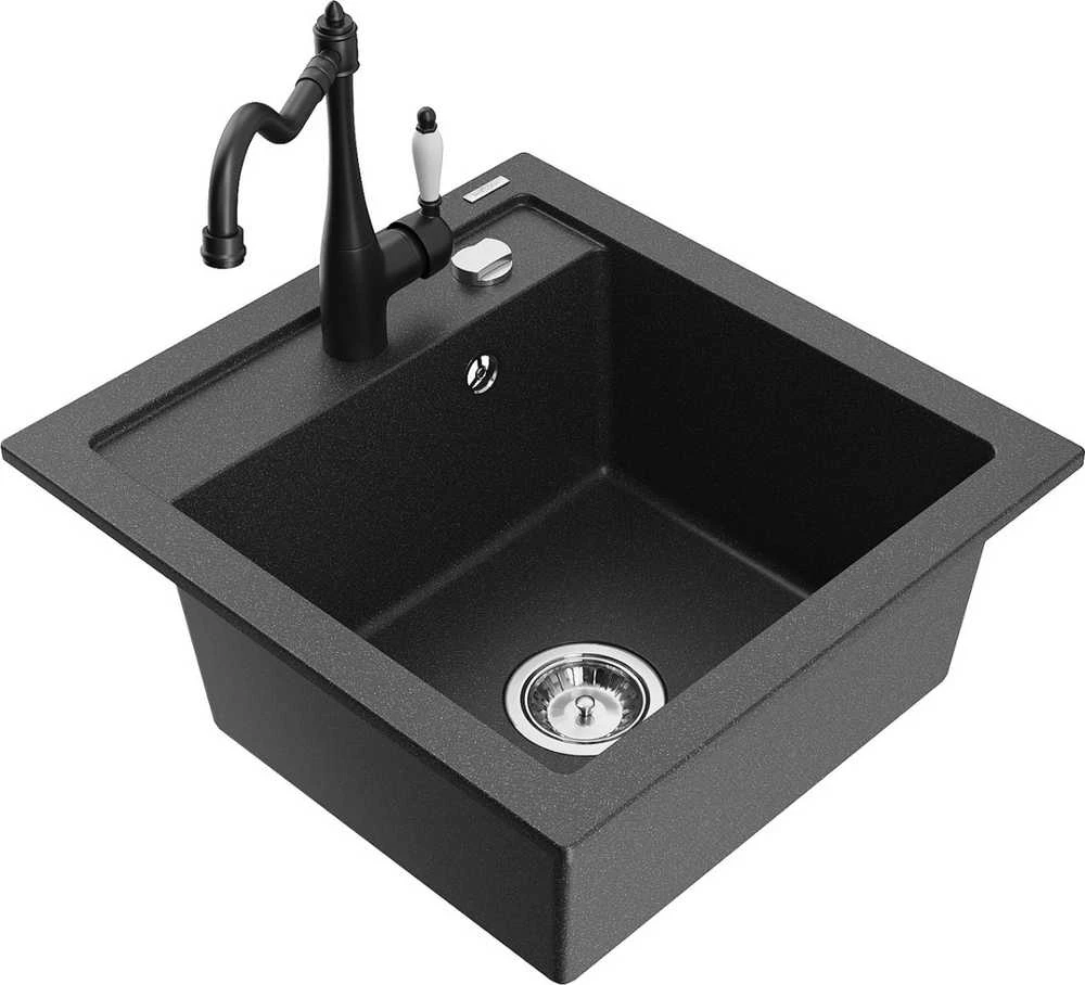 Granitinė virtuvinė plautuvė Mexen Vito su maišytuvu ir sifonu, Juodas granite+Juodas