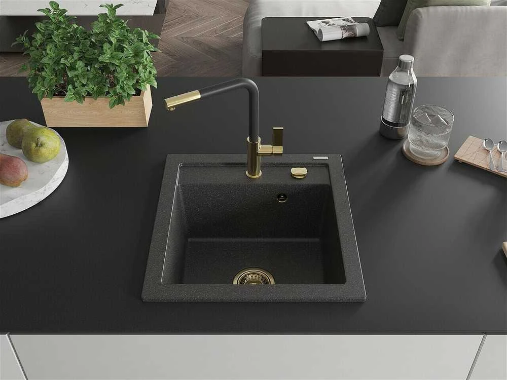 Granitinė virtuvinė plautuvė Mexen Vito su maišytuvu ir sifonu, Juodas granite+Juodas/Gold