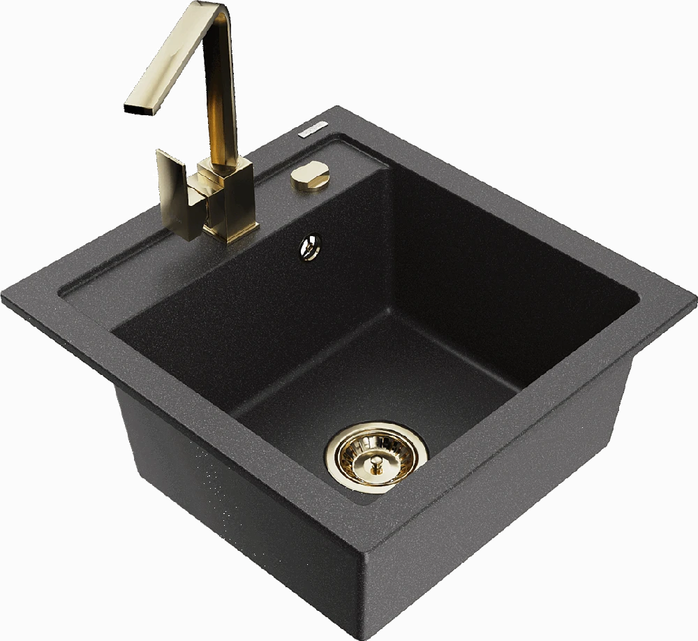 Granitinė virtuvinė plautuvė Mexen Vito su maišytuvu ir sifonu, Juodas granite+Gold