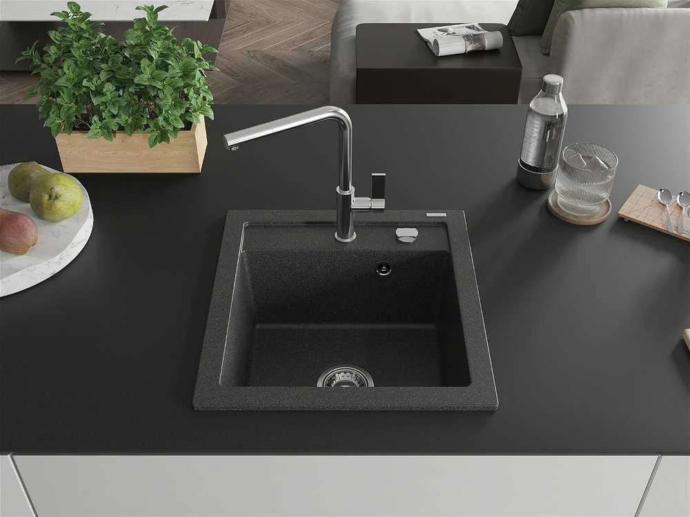 Granitinė virtuvinė plautuvė Mexen Vito su maišytuvu ir sifonu, Juodas granite+Chrome