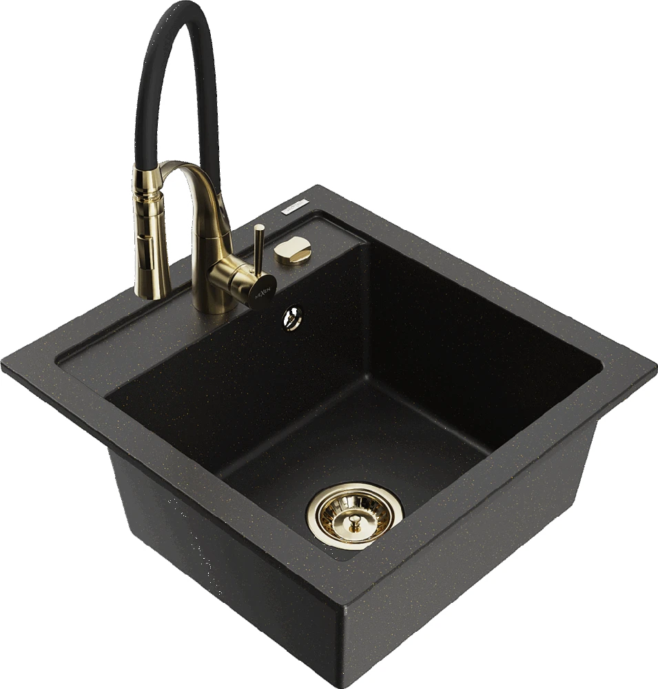 Granitinė virtuvinė plautuvė Mexen Vito su maišytuvu ir sifonu, Metallic juodas/auksinis+Juodas/Gold