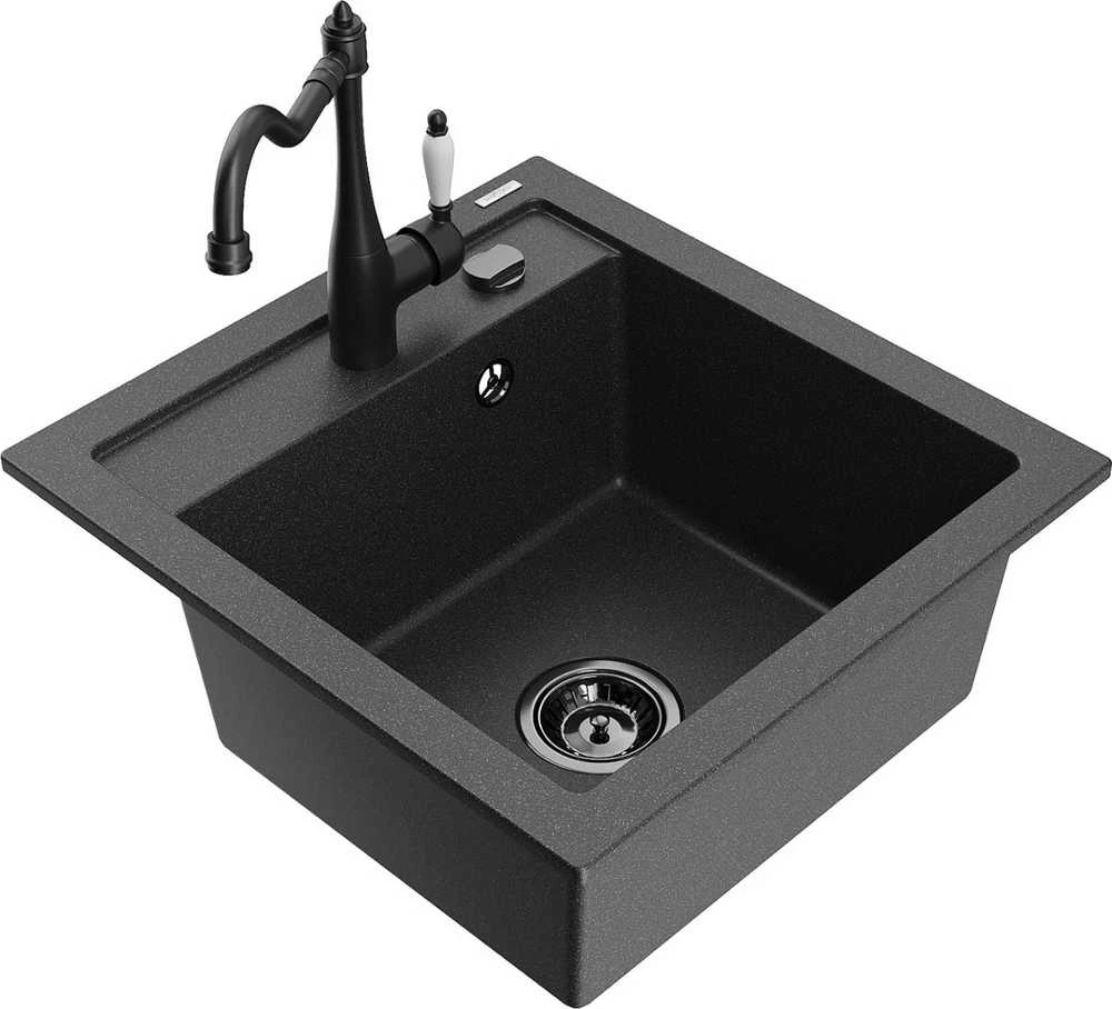 Granitinė virtuvinė plautuvė Mexen Vito su maišytuvu ir sifonu, Juodas granite+Juodas