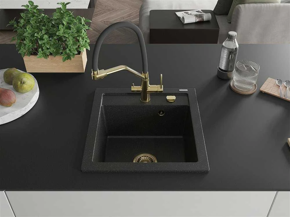 Granitinė virtuvinė plautuvė Mexen Vito su maišytuvu ir sifonu, Metallic juodas/sidabrinis+Juodas/Gold