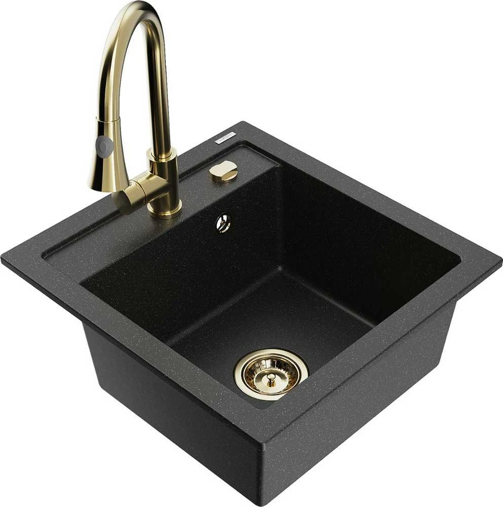 Granitinė virtuvinė plautuvė Mexen Vito su maišytuvu ir sifonu, Metallic juodas/sidabrinis+Gold