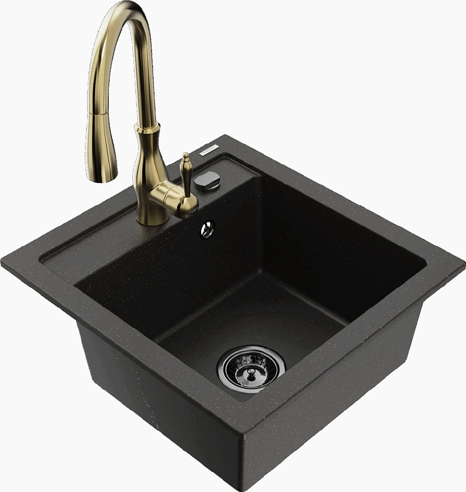 Granitinė virtuvinė plautuvė Mexen Vito su maišytuvu ir sifonu, Metallic juodas/auksinis+Gold