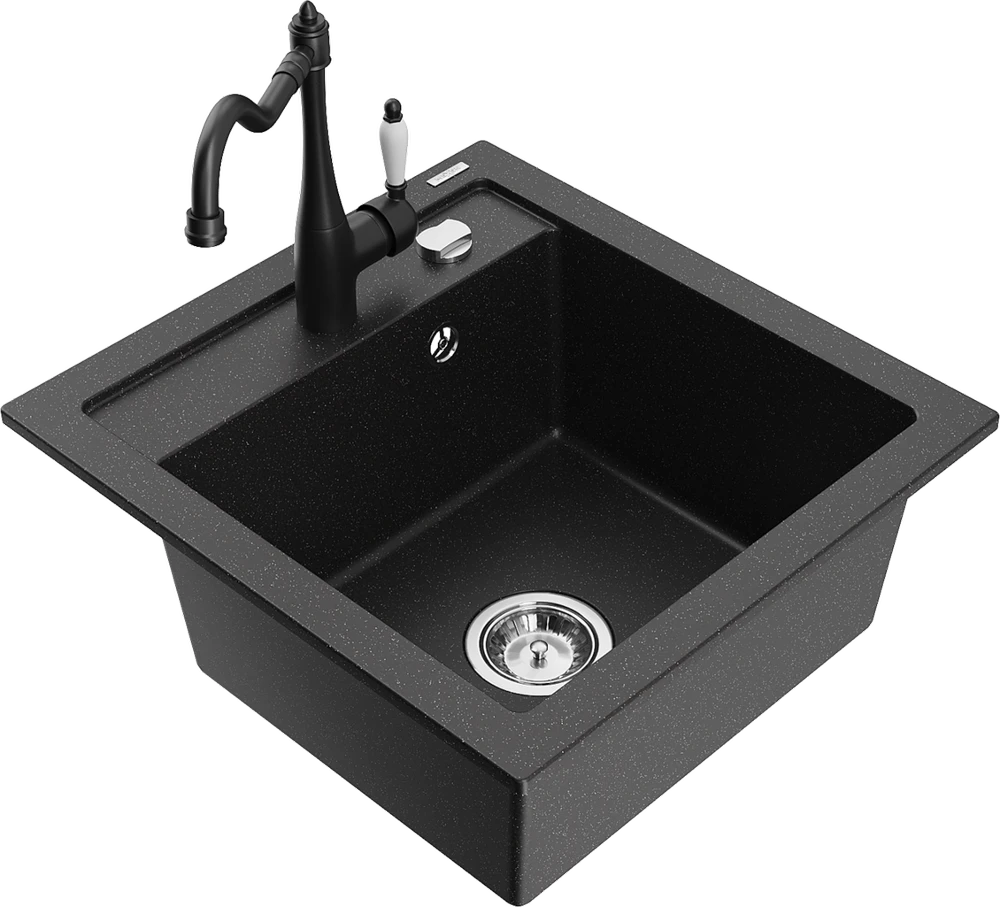 Granitinė virtuvinė plautuvė Mexen Vito su maišytuvu ir sifonu, Metallic juodas/sidabrinis+Juodas