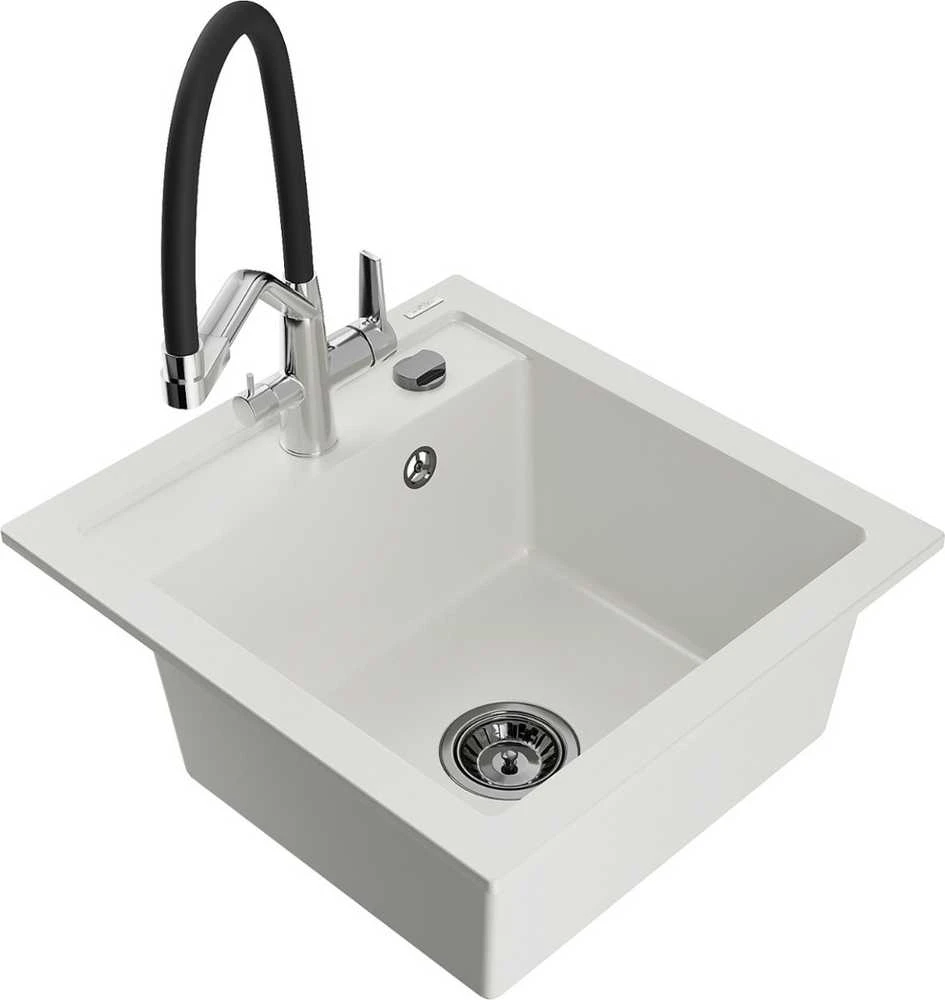 Granitinė virtuvinė plautuvė Mexen Vito su maišytuvu ir sifonu, Baltas+Juodas/Chrome