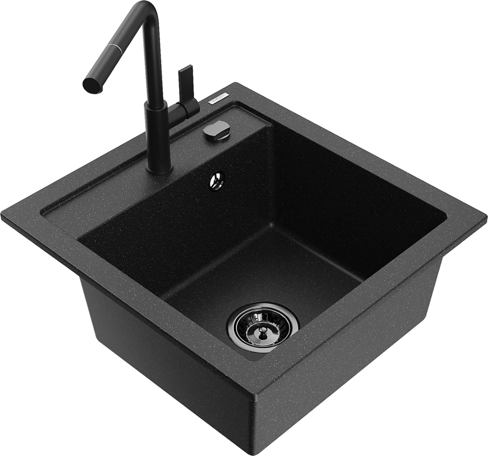 Granitinė virtuvinė plautuvė Mexen Vito su maišytuvu ir sifonu, Metallic juodas/sidabrinis+Juodas