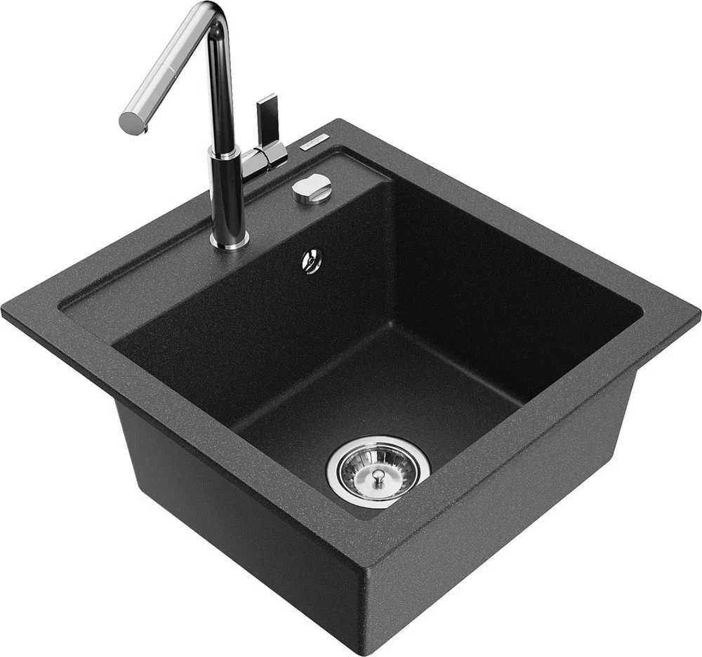 Granitinė virtuvinė plautuvė Mexen Vito su maišytuvu ir sifonu, Juodas granite+Chrome