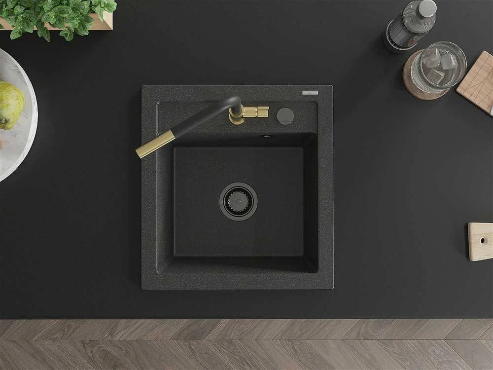 Granitinė virtuvinė plautuvė Mexen Vito su maišytuvu ir sifonu, Juodas granite+Juodas/Gold