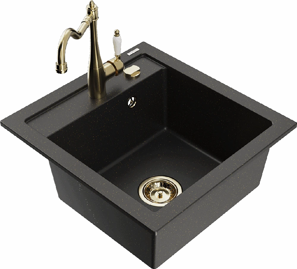 Granitinė virtuvinė plautuvė Mexen Vito su maišytuvu ir sifonu, Metallic juodas/auksinis+Gold