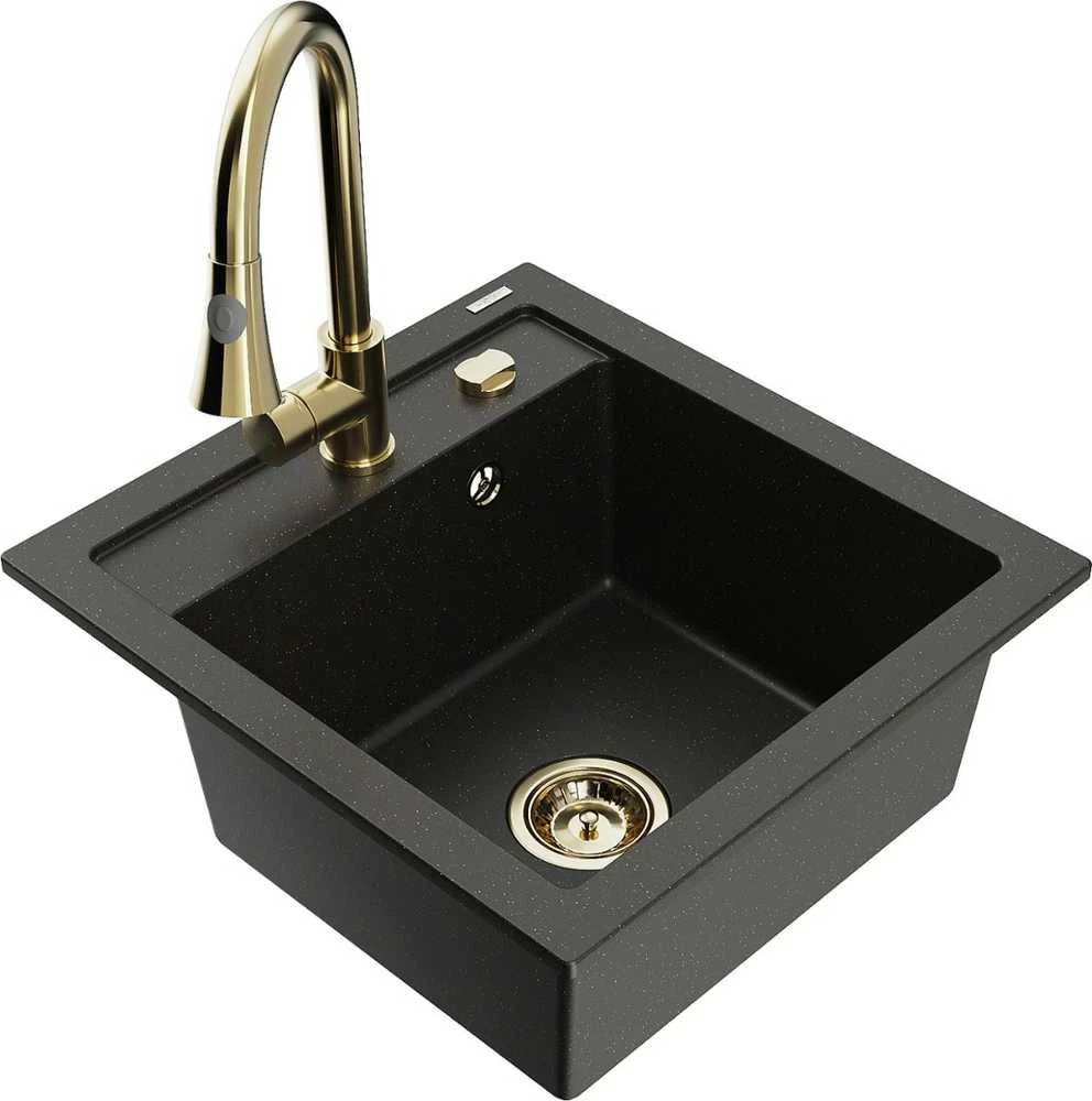 Granitinė virtuvinė plautuvė Mexen Vito su maišytuvu ir sifonu, Metallic juodas/auksinis+Gold