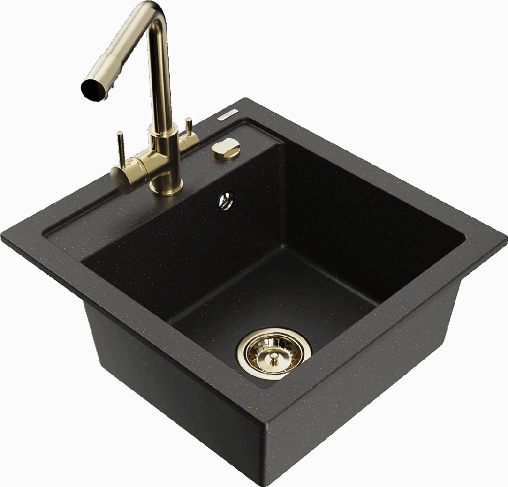 Granitinė virtuvinė plautuvė Mexen Vito su maišytuvu ir sifonu, Metallic juodas/auksinis+Gold