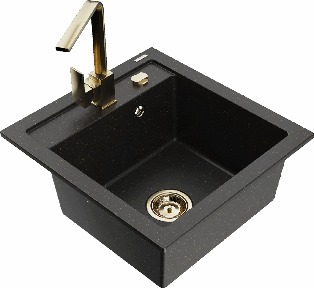 Granitinė virtuvinė plautuvė Mexen Vito su maišytuvu ir sifonu, Metallic juodas/auksinis+Gold