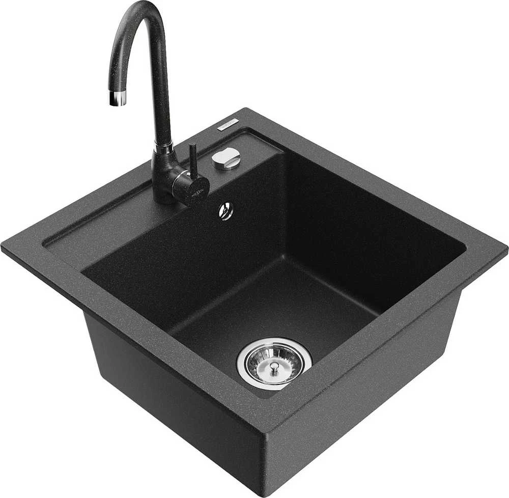 Granitinė virtuvinė plautuvė Mexen Vito su maišytuvu ir sifonu, Juodas granite