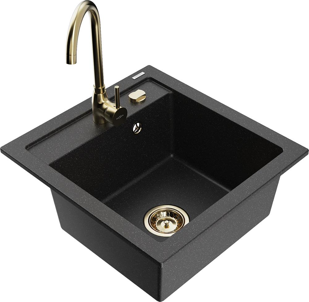 Granitinė virtuvinė plautuvė Mexen Vito su maišytuvu ir sifonu, Metallic juodas/sidabrinis+Gold