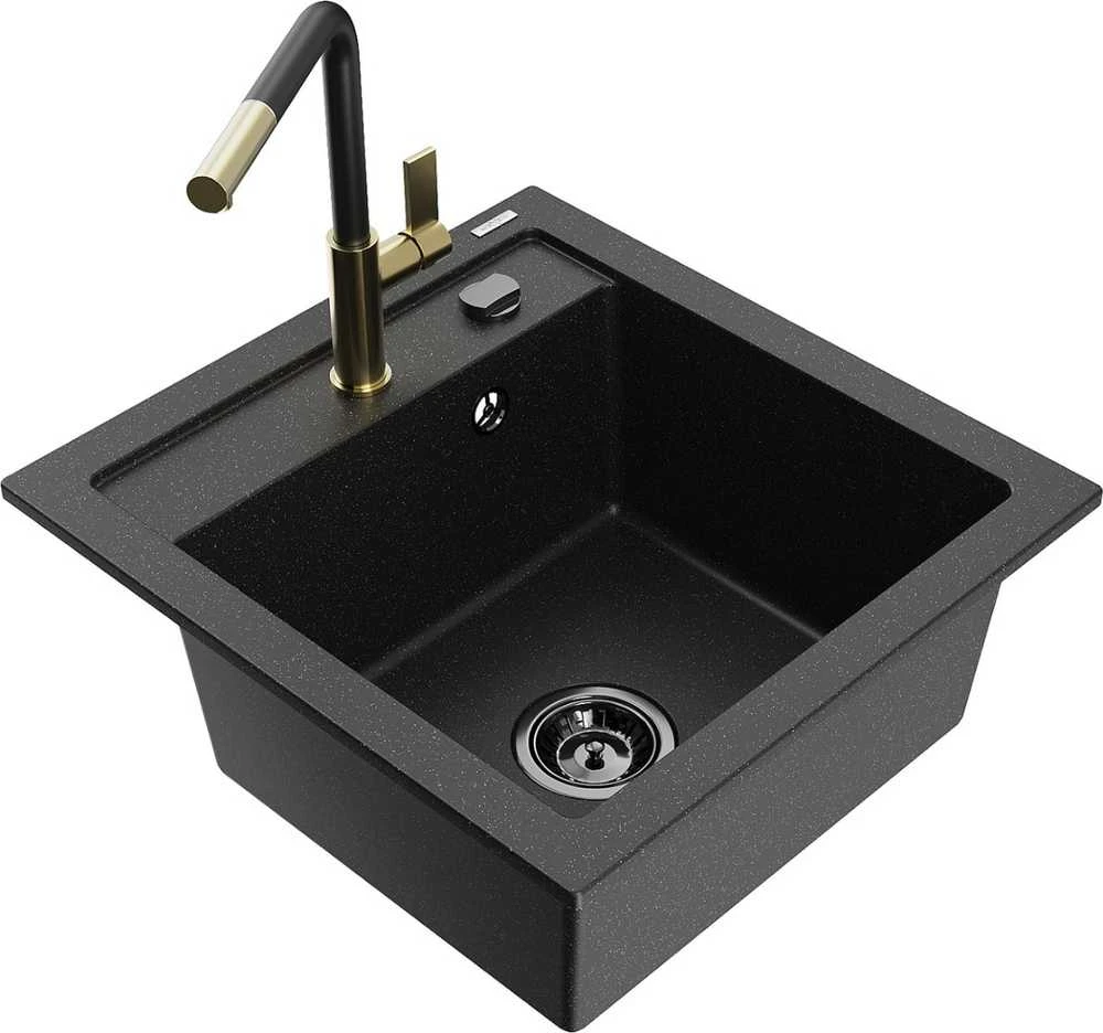 Granitinė virtuvinė plautuvė Mexen Vito su maišytuvu ir sifonu, Metallic juodas/sidabrinis+Juodas/Gold