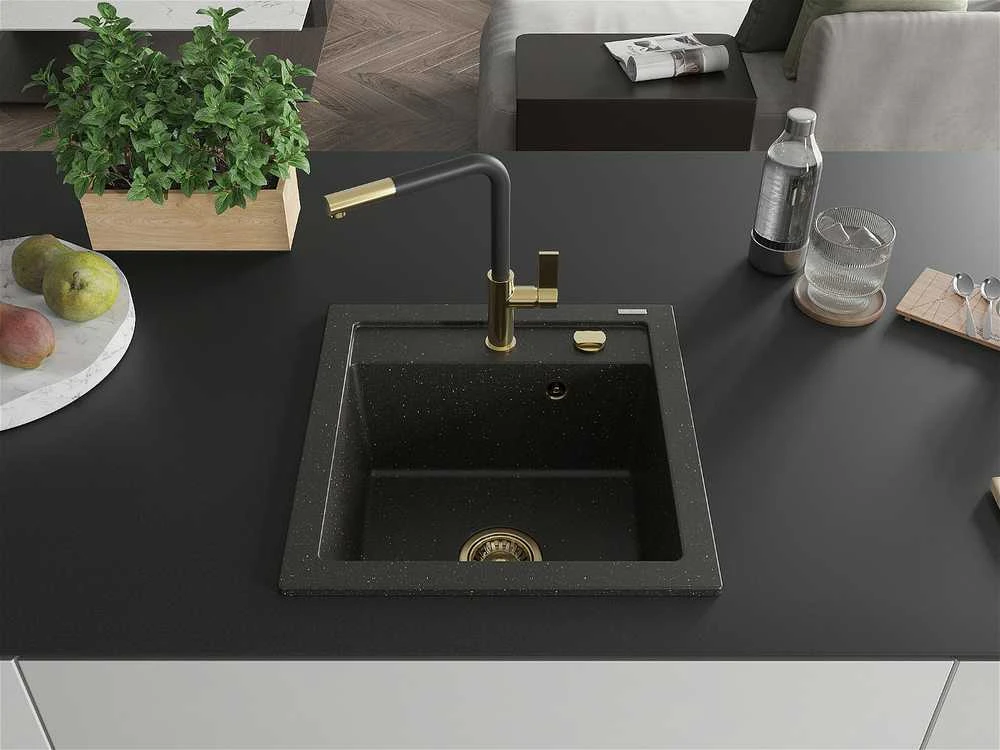 Granitinė virtuvinė plautuvė Mexen Vito su maišytuvu ir sifonu, Metallic juodas/auksinis+Juodas/Gold