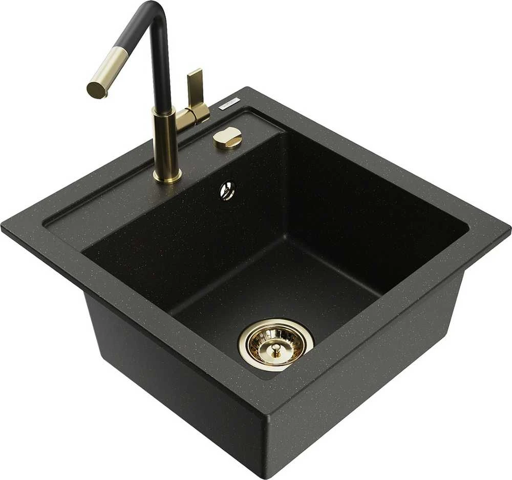 Granitinė virtuvinė plautuvė Mexen Vito su maišytuvu ir sifonu, Metallic juodas/auksinis+Juodas/Gold