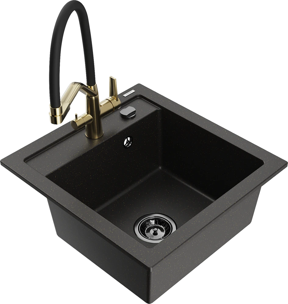 Granitinė virtuvinė plautuvė Mexen Vito su maišytuvu ir sifonu, Metallic juodas/auksinis+Juodas/Gold