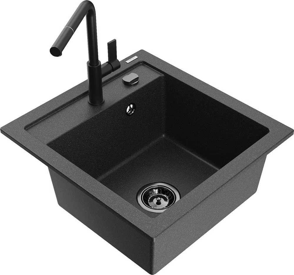 Granitinė virtuvinė plautuvė Mexen Vito su maišytuvu ir sifonu, Juodas granite+Juodas
