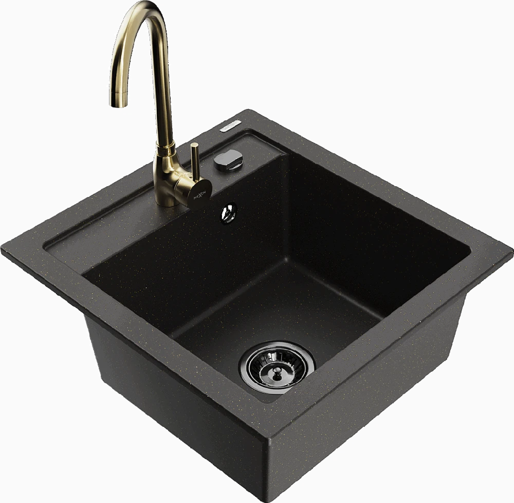 Granitinė virtuvinė plautuvė Mexen Vito su maišytuvu ir sifonu, Metallic juodas/auksinis+Gold