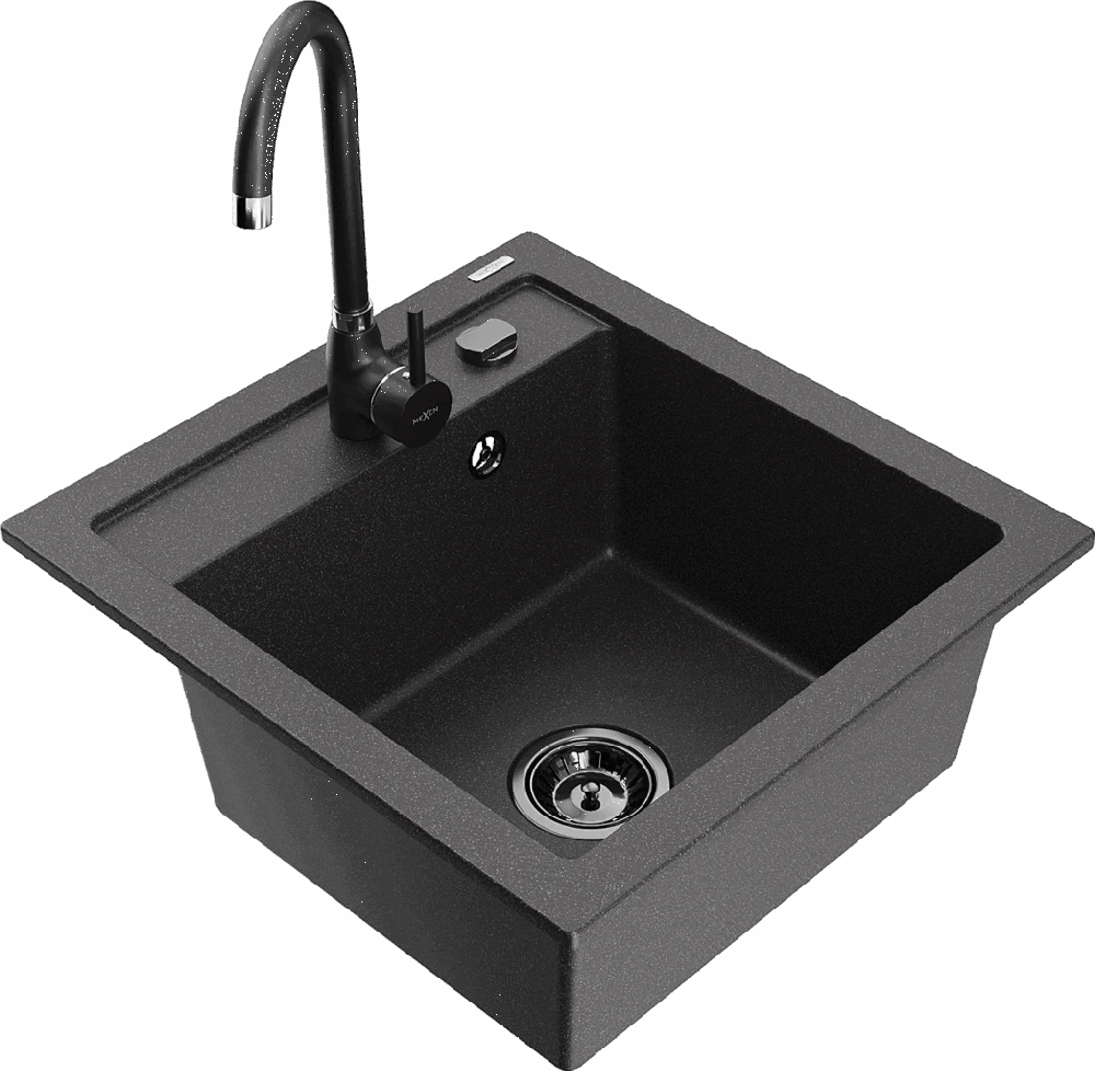 Granitinė virtuvinė plautuvė Mexen Vito su maišytuvu ir sifonu, Juodas granite+Juodas