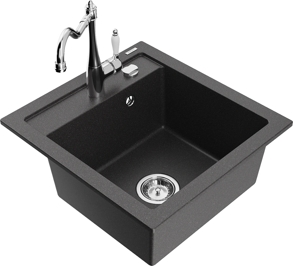 Granitinė virtuvinė plautuvė Mexen Vito su maišytuvu ir sifonu, Juodas granite+Chrome