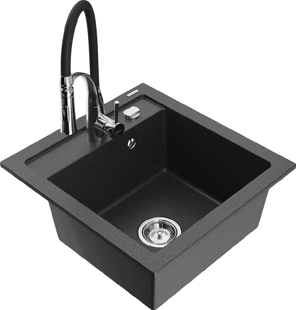 Granitinė virtuvinė plautuvė Mexen Vito su maišytuvu ir sifonu, Juodas granite+Juodas/Chrome