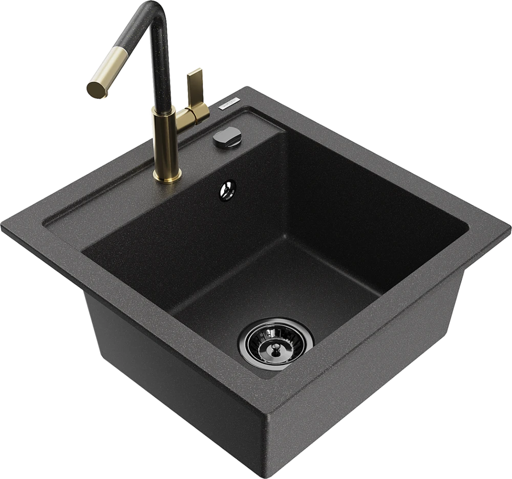Granitinė virtuvinė plautuvė Mexen Vito su maišytuvu ir sifonu, Juodas granite+Juodas granite/Gold