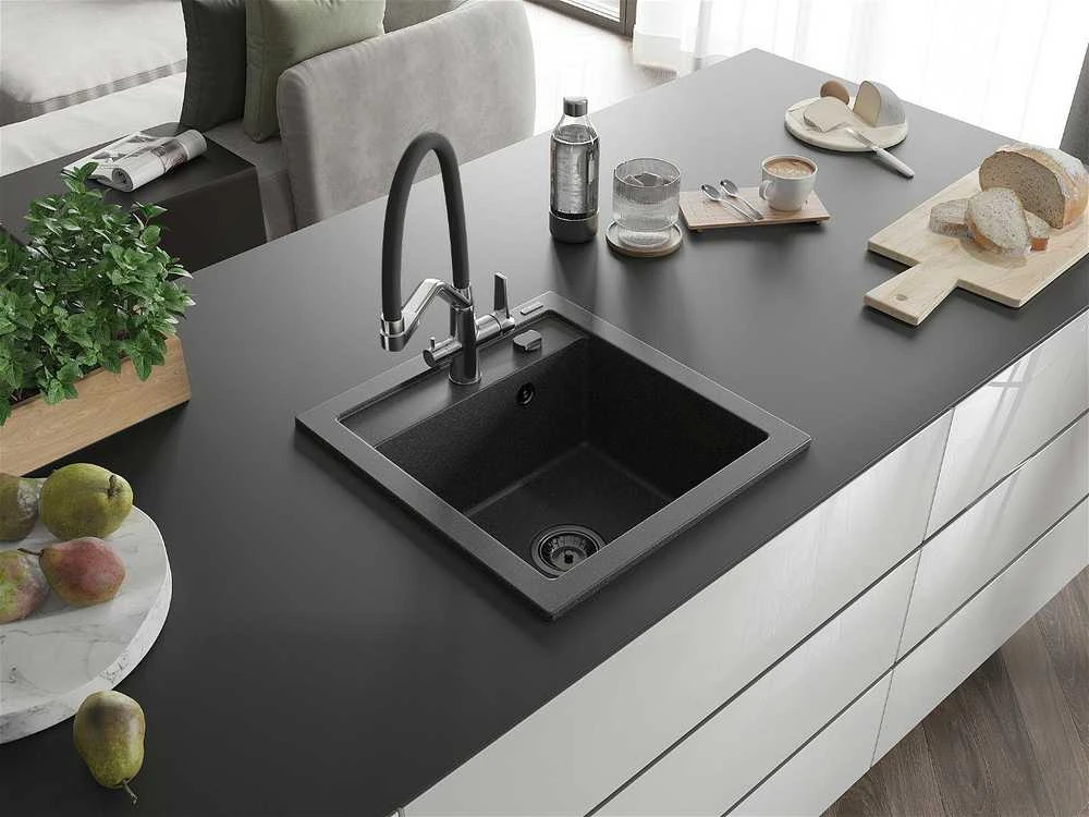Granitinė virtuvinė plautuvė Mexen Vito su maišytuvu ir sifonu, Juodas granite+Juodas/Chrome