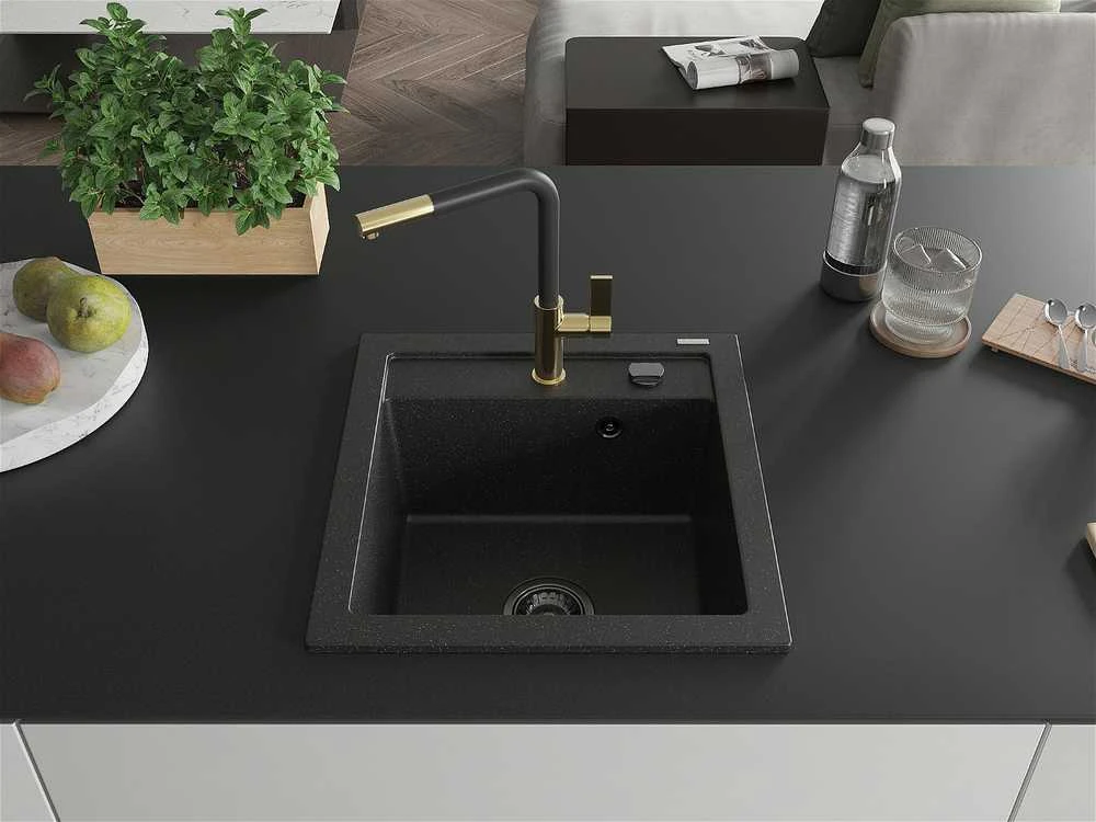 Granitinė virtuvinė plautuvė Mexen Vito su maišytuvu ir sifonu, Metallic juodas/sidabrinis+Juodas/Gold