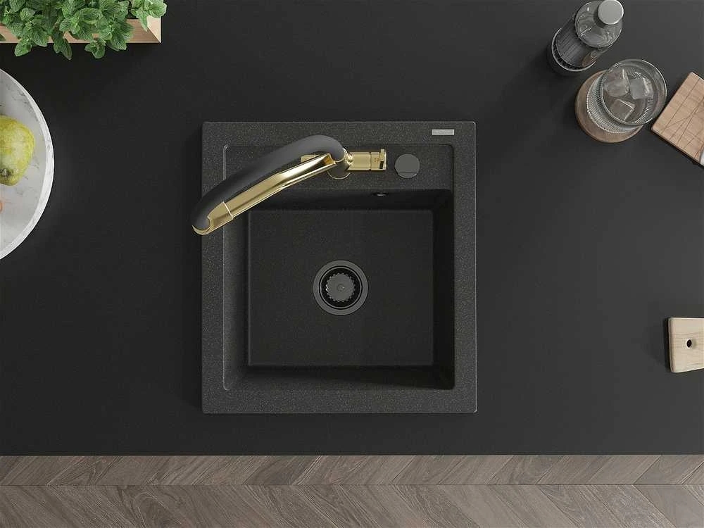 Granitinė virtuvinė plautuvė Mexen Vito su maišytuvu ir sifonu, Juodas granite+Juodas/Gold