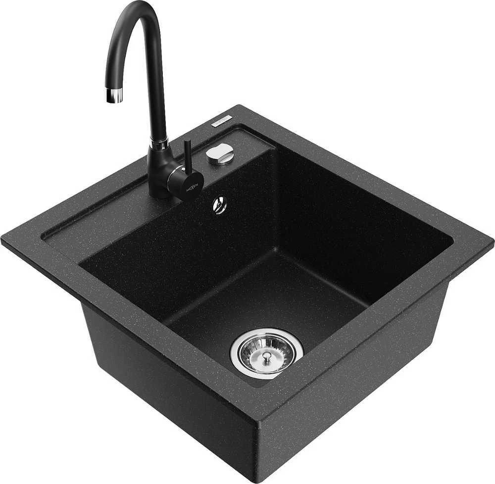 Granitinė virtuvinė plautuvė Mexen Vito su maišytuvu ir sifonu, Metallic juodas/sidabrinis+Juodas