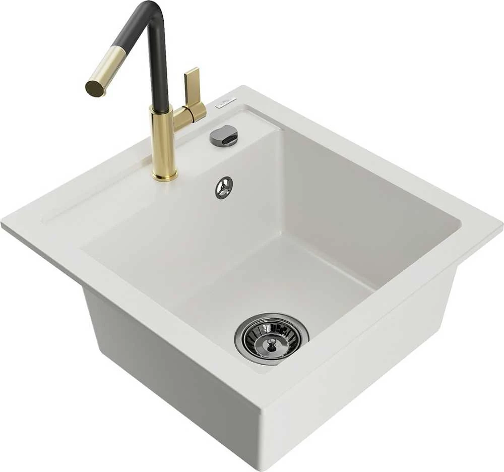 Granitinė virtuvinė plautuvė Mexen Vito su maišytuvu ir sifonu, Baltas+Juodas/Gold
