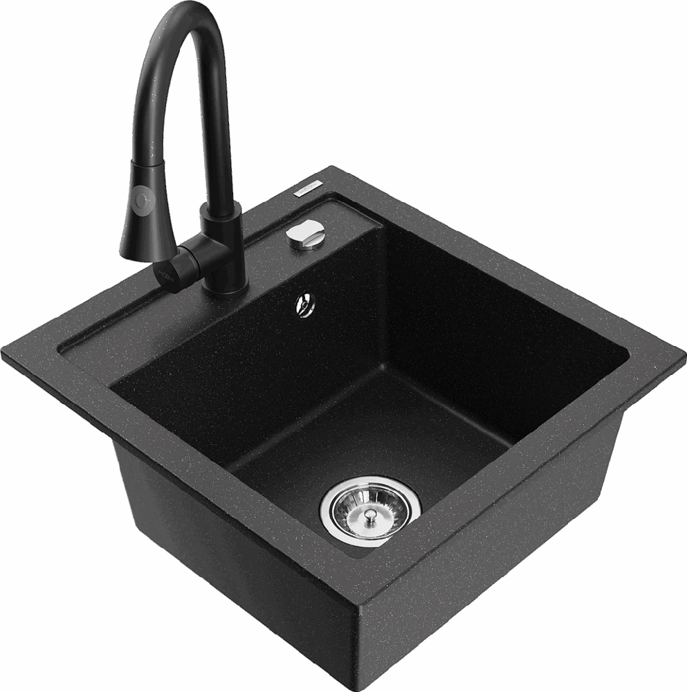 Granitinė virtuvinė plautuvė Mexen Vito su maišytuvu ir sifonu, Metallic juodas/sidabrinis+Juodas