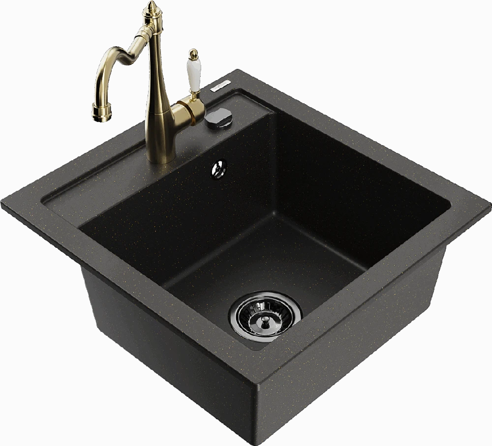 Granitinė virtuvinė plautuvė Mexen Vito su maišytuvu ir sifonu, Metallic juodas/auksinis+Gold