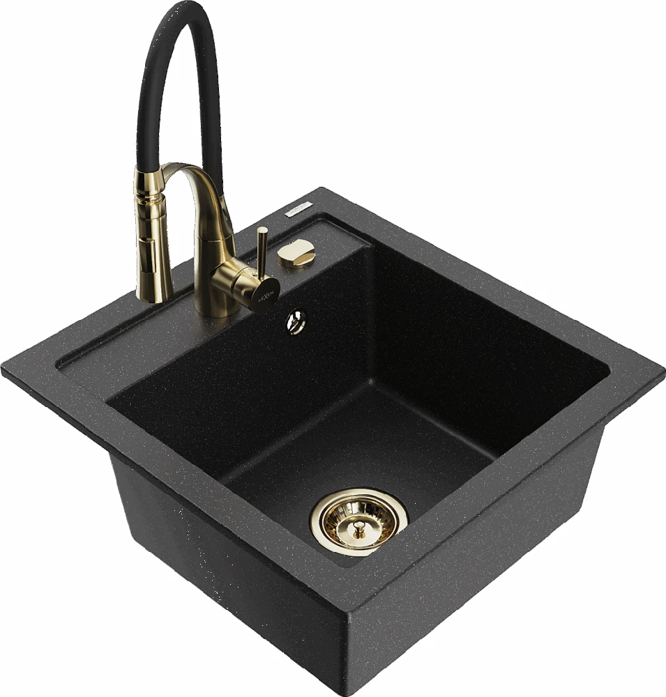 Granitinė virtuvinė plautuvė Mexen Vito su maišytuvu ir sifonu, Metallic juodas/sidabrinis+Juodas/Gold