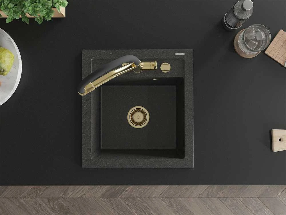Granitinė virtuvinė plautuvė Mexen Vito su maišytuvu ir sifonu, Juodas granite+Juodas/Gold