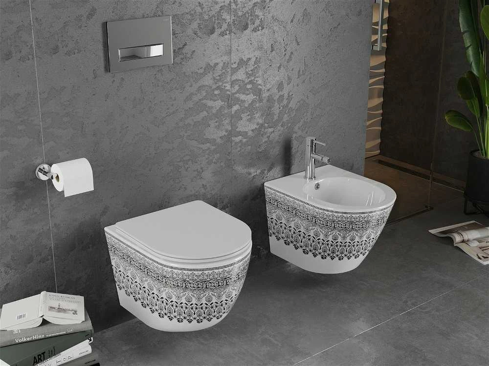 Klozetas Mexen Lena Rimless su lėtai nusileidžiančiu slim dangčiu, Baltas/Juodas pattern